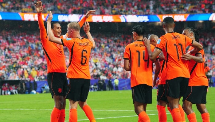 Netherlands Jan Paul van Hecke celebrates scoring his sides third goal with Virgil van Dijk, Tijjani Reijnders, Donyell Malen, Cody Gakpo and Nathan Aké during the Group F match against Tunisia in the Fifa World Cup 2026 at Kansas City Stadium, Kansas City, Missouri, US, on June 25, 2026. — Reuters