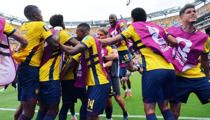 Ecuadors players celebrate after Gonzalo Plata scored their second goal against Germany in the Group E match of the Fifa World Cup 2026 at New York/New Jersey Stadium, East Rutherford, New Jersey, US, on June 25, 2026. — Reuters
