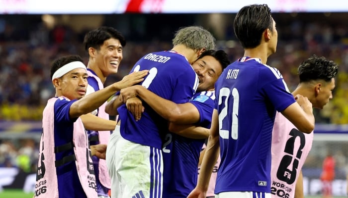 Japans Daizen Maeda celebrates scoring his sides first goal with Yukinari Sugawara, Yuto Nagatomo and teammates during the Group F match against Sweden in the Fifa World Cup 2026 at Dallas Stadium, Arlington, Texas, US, on June 25, 2026. — Reuters