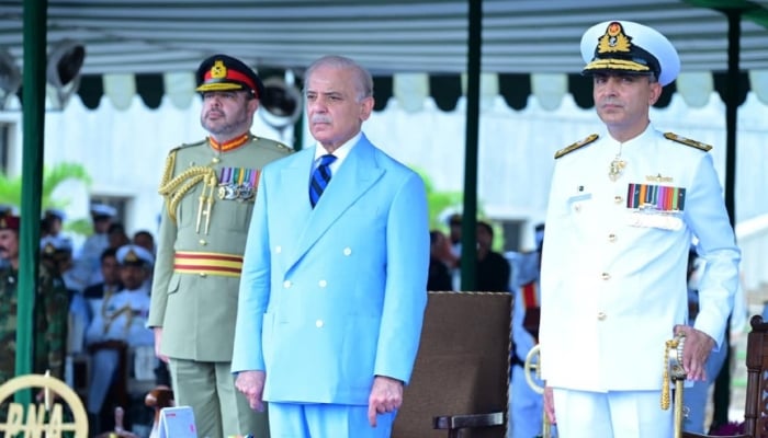 Prime Minister Shehbaz Sharif (centre) attends commissioning parade of the 125th Midshipmen and 33rd Short Service Commission Course at the Pakistan Naval Academy in Karachi on June 27, 2027. — PID