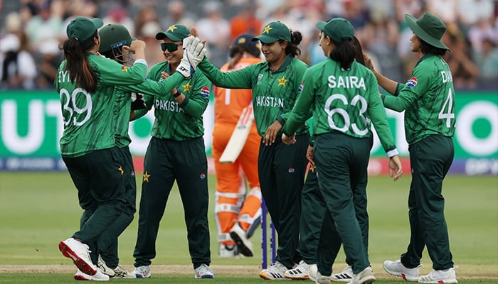 Pakistans Ayesha Zafar (centre) celebrates taking a wicket with teammates during their ICC Womens T20 World Cup match against Netherlands at the County Ground in Bristol on June 27, 2026. — X/@TheRealPCB