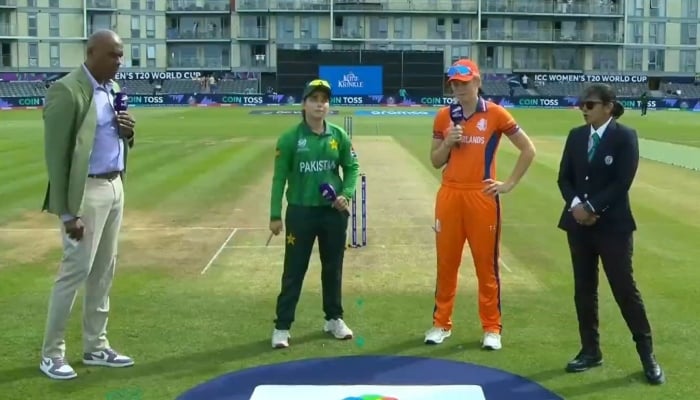 Pakistan captain Fatima Sana (centre) and Netherlands Babette de Leede (right) at the toss for their ICC Womens T20 World Cup match at the County Ground in Bristol on June 27, 2026. — Screengrab via Livestream