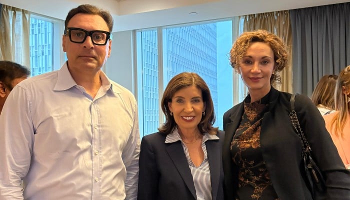 New York Governor Kathy Hochul (centre) at an event organised World Affairs Council of Boston, in Boston, Massachusetts, US, June 22, 2026. — WorldBoston