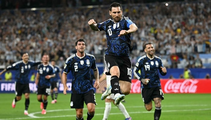 Argentinas forward #10 Lionel Messi celebrates scoring his teams third goal during the 2026 World Cup Group J football match between Jordan and Argentina at the Dallas Stadium in Arlington on June 27, 2026. — AFP
