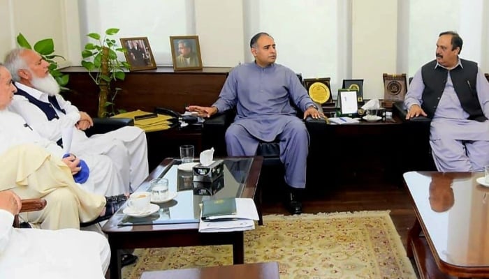 Minister of State for Finance and Revenue Bilal Azhar Kayani (centre) speaks during a meeting with PML-N leaders in Islamabad, June 28, 2026. — X/@BilalAKayani