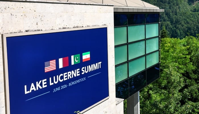 A poster for the Lake Lucerne Summit is displayed at the Buergenstock Resort, on the day of US-Iran talks, in Stansstad, Switzerland, June 21, 2026. — Reuters
