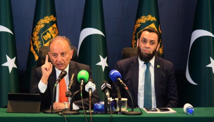 Federal Minister for Climate Change and Environmental Coordination Musadik Malik (left) addresses a press conference alongside Information Minister Attaullah Tarar in Islamabad, June 29, 2026. — APP