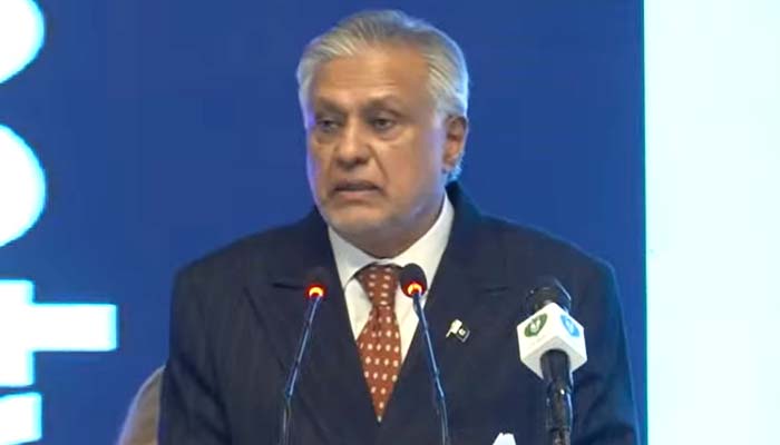 DPM Ishaq Dar addresses international seminar on the Indus Waters Treaty in Islamabad on June 30, 2026. — Geo news