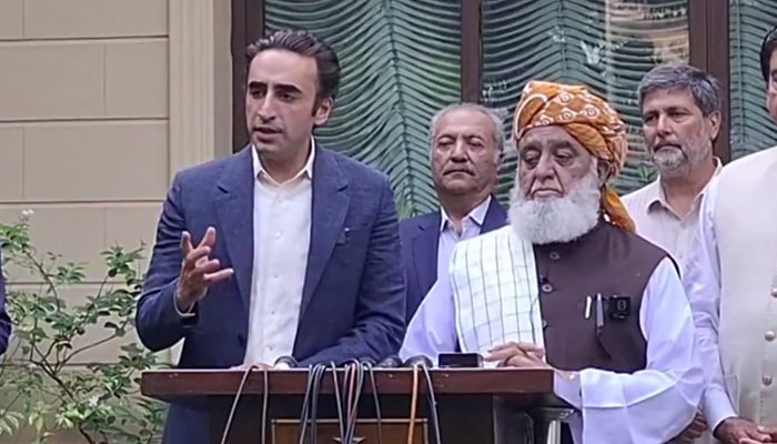 Pakistan Peoples Party (PPP) Chairman Bilawal Bhutto Zardari (left) and Jamiat Ulema-e-Islam-Fazl (JUI-F) chief Maulana Fazlur Rehman address a press conference in Islamabad on June 30, 2026. — Screengrab via Geo News