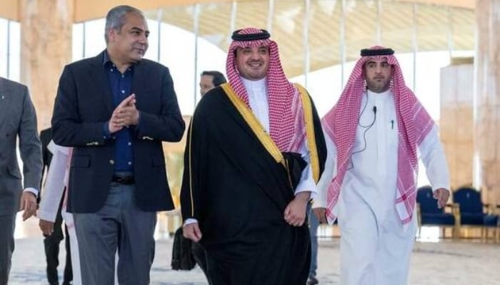 Minister of Interior and Narcotics Control Mohsin Raza Naqvi is welcomed on arrival at King Khalid International Airport by Saudi Interior Minister Prince Abdulaziz bin Saud bin Naif bin Abdulaziz. — SPA