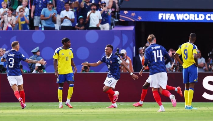 Frances Kylian Mbappe celebrates scoring his first goal with Adrien Rabiot, Ousmane Dembele and Lucas Digne during the Round of 32 match against Sweden at New York New Jersey Stadium, East Rutherford, New Jersey, US, June 30, 2026. — Reuters