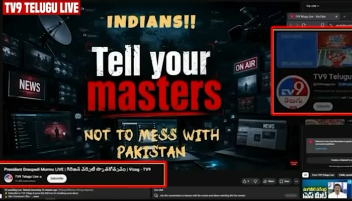 This illustration shows the screen of Indian news channel TV9 Telugu after it was allegedly hacked. — Screengrab via YouTube/TV9 Telugu News LIVE