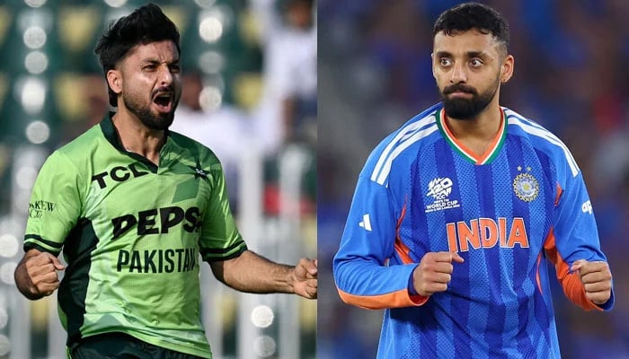 The collage of photos features Pakistan spinner Abrar Ahmed (left) and India spinner Varun Chakaravarthy. — AFP/ICC/File