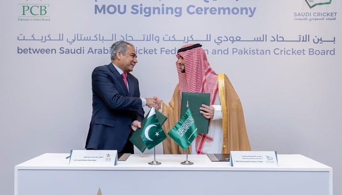 PCB Chairman Mohsin Naqvi and SACF Chairman HRH Prince Saud bin Mishal Al Saud shake hands after signing a Memorandum of Understanding (MoU) on July 2, 2026.— X/@faizanlakhani