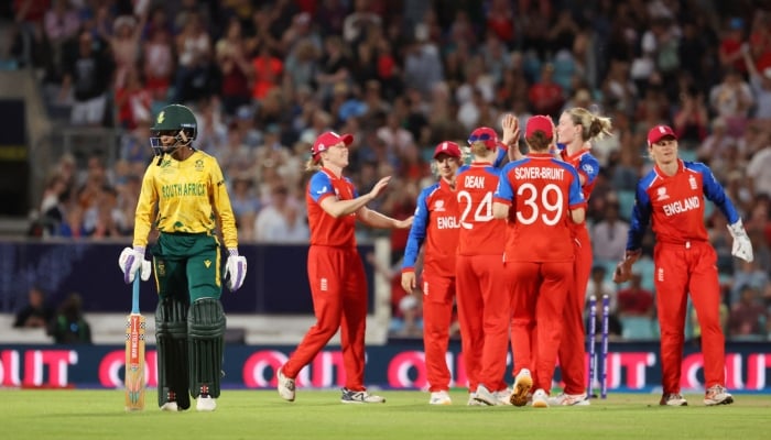 South Africas Ayabonga Khaka walks after losing her wicket as England players celebrate in second semi-Final at The Oval, London, Britain - July 2, 2026. — Reuters
