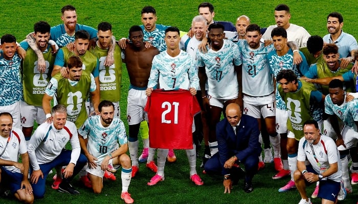 Portugals Cristiano Ronaldo and teammates pose with a shirt in memory of former player Diogo Jota ahead of the one year anniversary of his death, as Portugal qualify for the Round of 16 stage of the World Cup, Toronto Stadium, Toronto, Canada, July 2, 2026. — Reuters