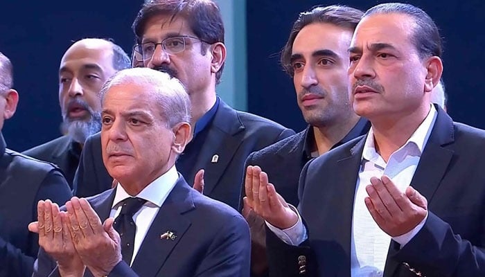 Prime Minister Shehbaz Sharif and Chief of Defence Forces (CDF) Field Marshall Asim Munir offering prayers during the state funeral of Irans late Supreme Leader Ayatollah Ali Khamenei in Tehran. — AFP