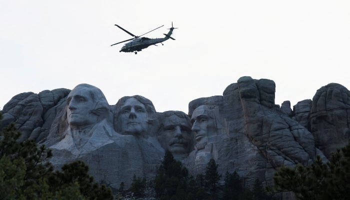 Marine One, carrying US President Donald Trump, flies near Mount Rushmore in Keystone, South Dakota, US, July 3, 2026. — Reuters