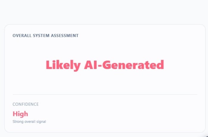 Screenshot from the University at Buffalos DeepFake O Meter assessing the video as Likely AI Generated with high confidence.