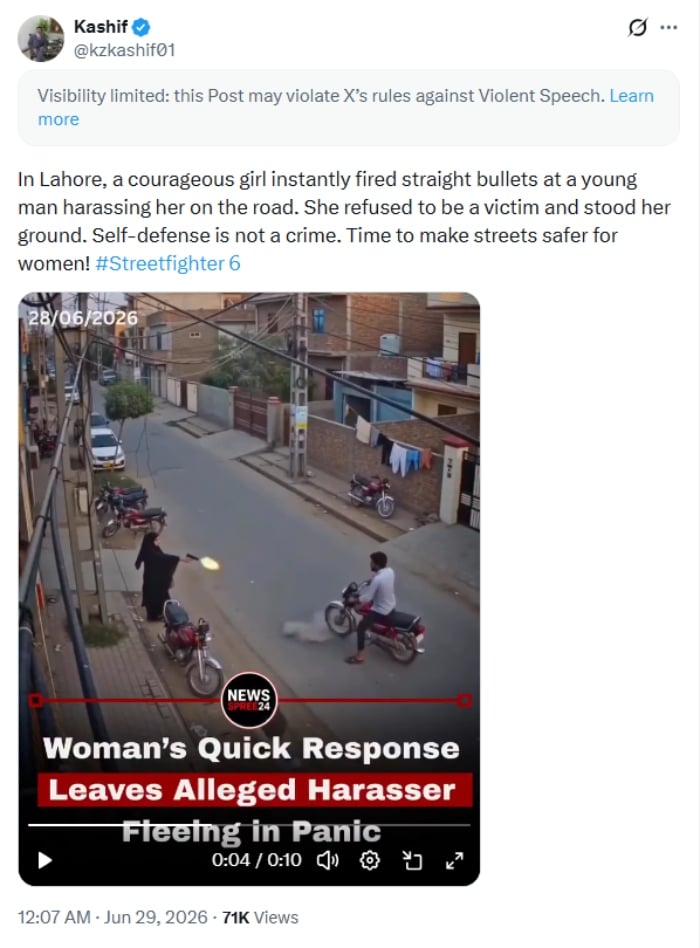 Screengrab of post claiming to show CCTV footage of a young woman in Lahore pointing a gun at an alleged harasser riding a motorbike and firing at him.