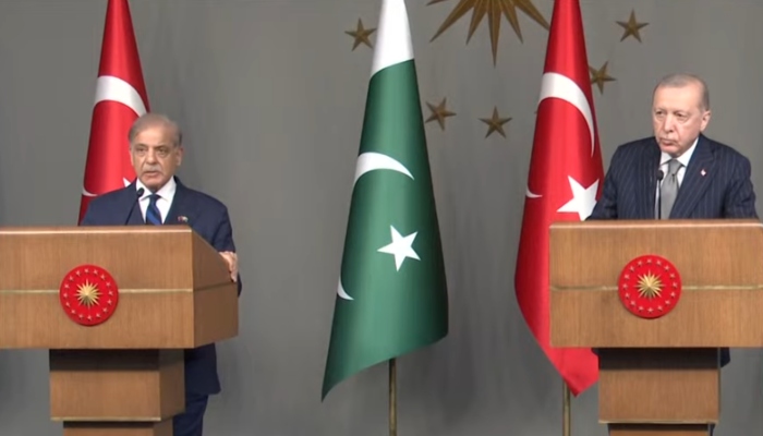 Prime Minister Shehbaz Sharif (left) speaks during a joint press conference with Turkish President Recep Tayyip Erdogan in Istanbul, Turkiye, July 4, 2026. — Screengrab via YouTube/Truth Wire