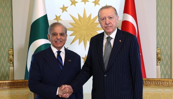 Prime Minister Shehbaz Sharif (left) and Turkish President Recep Tayyip Erdogan shake hands following their joint media talks in Istanbul, Turkiye, July 4, 2026. — X/@CMShehbaz