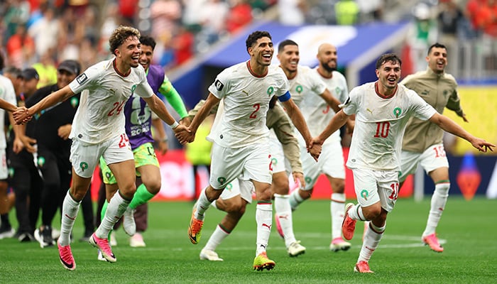 Moroccos Achraf Hakimi, Brahim Diaz and Neil El Aynaoui celebrate after their Fifa World Cup 2026 victory over Canada at Houston Stadium in Houston, Texas, United States, on July 4, 2026. — Reuters