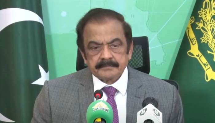 Adviser to the Prime Minister on Political and Public Affairs Rana Sanaullah addresses a press conference on January 8, 2024. — Geo News