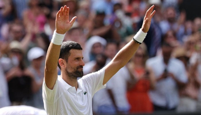 Serbias Novak Djokovic celebrates after defeating Russias Roman Safiullin in their fourth-round match on July 5, 2026. — Reuters