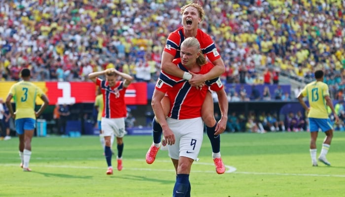 Norways Erling Haaland celebrates scoring their second goal with Andreas Schjelderup. — Reuters/File