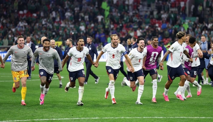 England players celebrate after the Fifa World Cup 2026 Round of 16 match against Mexico, Estadio Azteca, Mexico City, Mexico, July 5, 2026. — Reuters