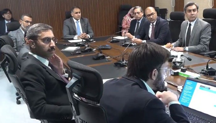 Minister of State for Railways and Finance Bilal Azhar Kayani chaired a high-level meeting at the Finance Division to review key milestones achieved during the first year of implementation of cashless economy initiative on July, 6, 2026. — Geo News