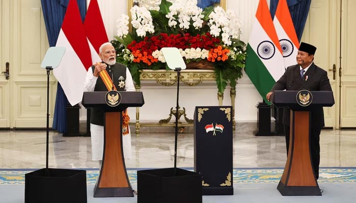 Indian Prime Minister Narendra Modi speaks during a joint-press conference with Indonesian President Prabowo Subianto following their meeting at the Merdeka Palace in Jakarta, Indonesia, July 7, 2026. — Reuters