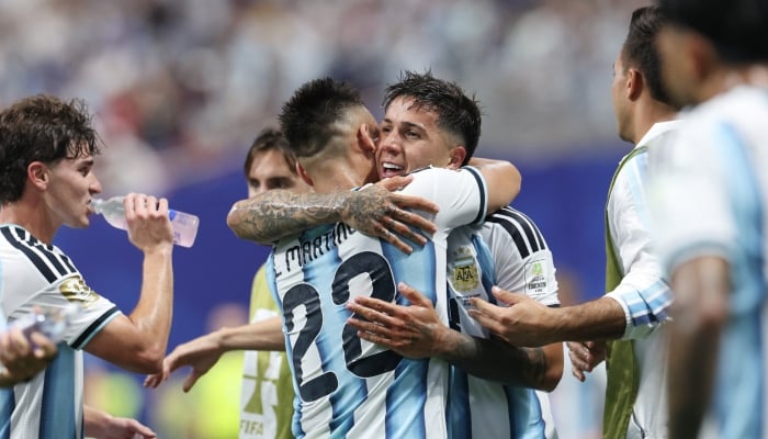 Argentinas Enzo Fernandez celebrates scoring their third goal with Lautaro Martinez in their Round of 16 match against Egypt at the Atlanta Stadium, Atlanta, Georgia, US, July 7, 2026. — Reuters