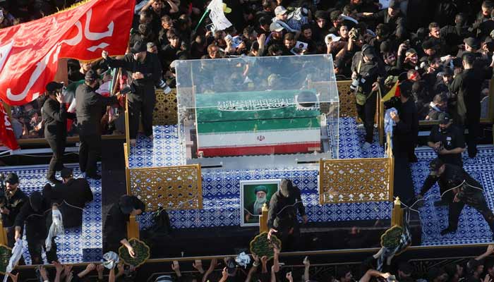 A vehicle carrying the coffin of Irans late Supreme Leader Ayatollah Ali Khamenei, in Najaf, Iraq, July 8, 2026. — Reuters