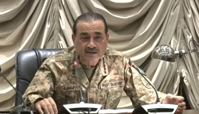 Field Marshal Syed Asim Munir addresses graduating officers of the National Security and War Course at National Defence University (NDU), Rawalpindi, July 8, 2026. — Screengrab via YouTube/Geo News