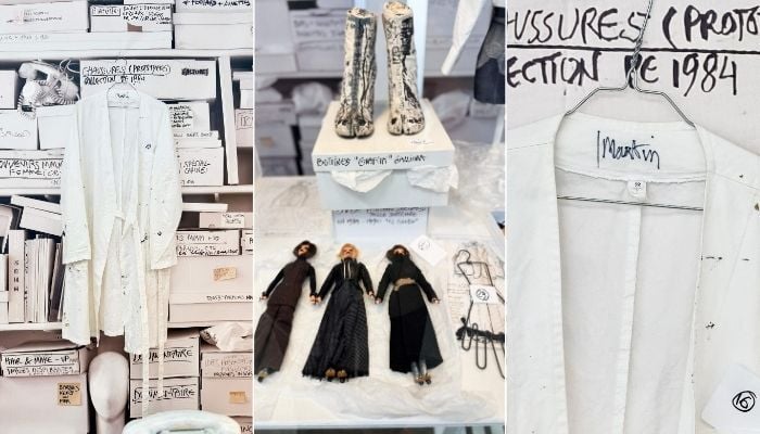This collage shows Martin Margiela´s artefacts during an exhibition at the Quartier General in Paris on July 7, 2026. — AFP