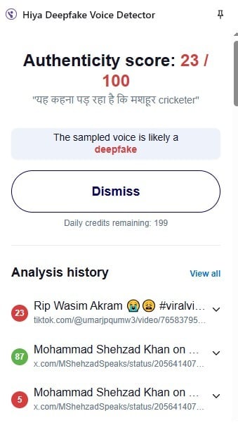 Hiya assigned the audio an authenticity score of 23 out of 100, indicating it is likely AI-generated.