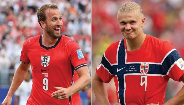 This combination of pictures created on July 10, 2026, shows Englands forward #09 Harry Kane at the New York/New Jersey Stadium in East Rutherford on June 27, 2026; and Norways forward #09 Erling Braut Haaland at the New York/New Jersey Stadium in East Rutherford on July 5, 2026. — AFP