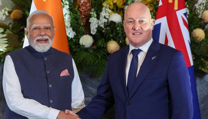 Indian Prime Minister Narendar Modi shakes hand with New Zealand counterpart Christopher Luxon during his official visit to Auckland on July 11, 2026. — X/@narendramodi