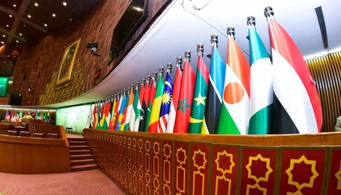 Flags of OIC member states can be seen at the National Assembly ahead of the 17th Extraordinary Session of its Council of Foreign Ministers in Islamabad, on December 18, 2021. — National Assembly