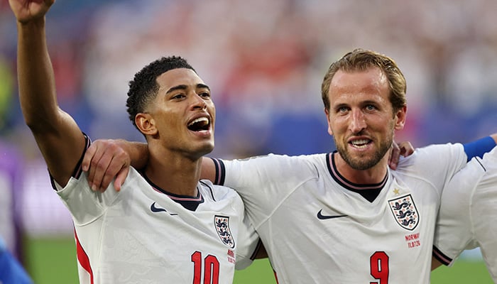 Englands Jude Bellingham and Harry Kane celebrate after guiding their side past Norway in the World Cup quarter-final at Miami Stadium in Miami Gardens, Florida, on July 11, 2026. — Reuters