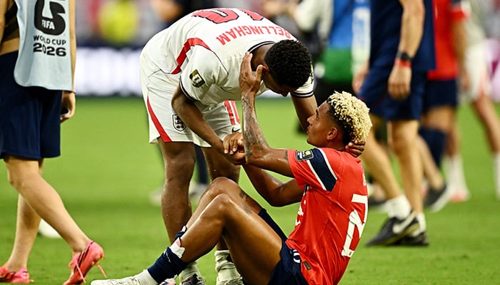 Englands Jude Bellingham consoles Norways Antonio Nusa after Englands World Cup quarter-final victory at Miami Stadium in Miami Gardens, Florida, on July 11, 2026, securing a place in the semi-finals. — Reuters