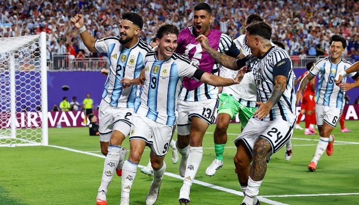 Argentinas Julian Alvarez celebrates scoring their second goal with teammates during the Fifa World Cup 2026 Quarter Final match between Argentina and Switzerland, Kansas City Stadium, Kansas City, Missouri, US, July 11, 2026. — Reuters