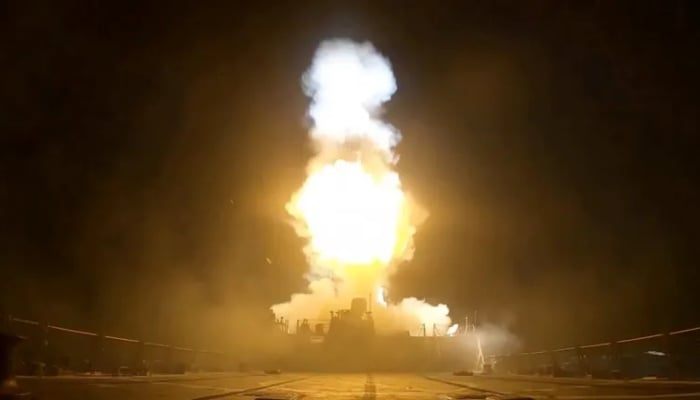 A projectile is fired during what the US Central Command (CENTCOM) said was a third round of strikes this week against Iran, in this screengrab taken from a handout video released on July 11, 2026 — Reuters
