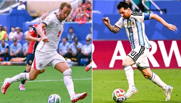 This combination of file photos created on July 12, 2026, shows Englands forward #09 Harry Kane in Miami on July 11, 2026 (L); and Argentinas forward #10 Lionel Messi in Miami Gardens on July 3, 2026. — AFP