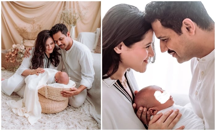 Comedian Ali Gul Pir and wife Dr Azeemah Nakhoda pose with their newborn son, Salaar. — Instagram/@therealaligulpir