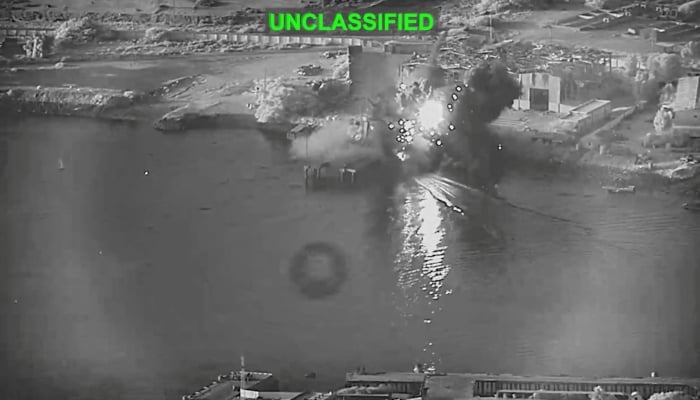 A US one-way attack surface drone approaches its target, a submarine and ship maintenance facility according to US Central Command, in Bandar Abbas, Iran, in this screengrab taken from a video, which was released July 13, 2026. — Reuters