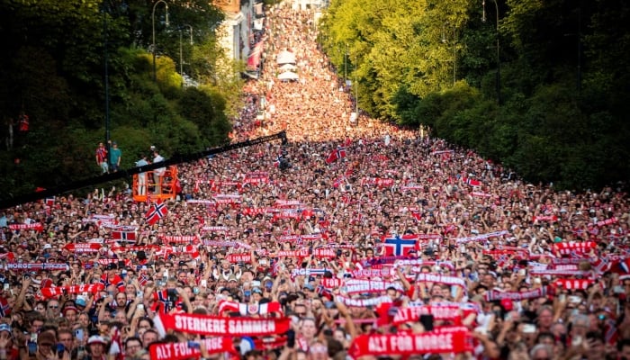 The mens national football team is greeted by the audience at Slottsplassen after returning to Norway from the USA, in Oslo, Norway, July 13, 2026. — Reuters