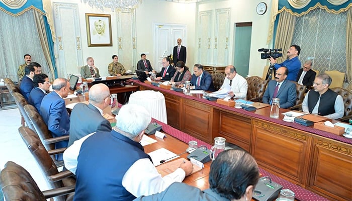 Prime Minister Shehbaz Sharif chairs a review meeting on promoting a cashless economy and digital payments in Islamabad on July 14, 2026. — PID